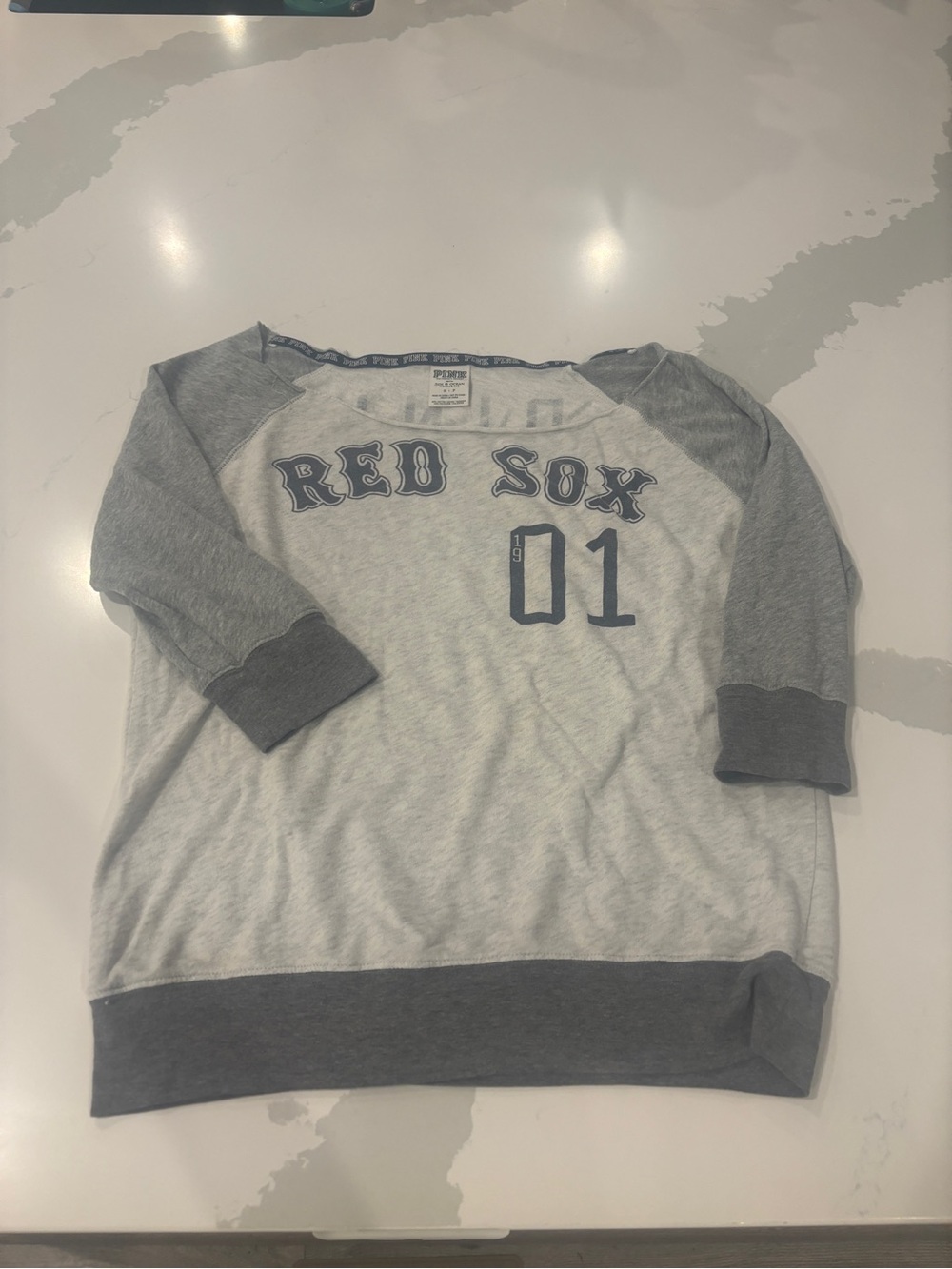 Victoria's Secret PINK Light Gray and Navy Graphic Tee
